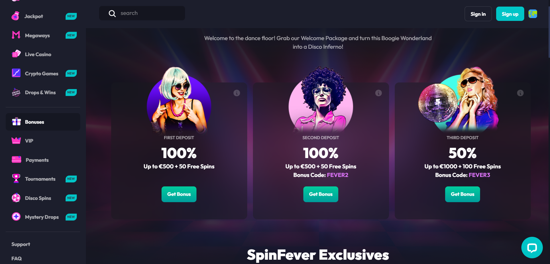 SpinFever Casino promotions and bonuses page